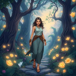 A captivating and enchanting illustration of a young woman named Alkmini, stepping confidently amidst a breathtaking enchanted forest, where ancient trees curl with luminescent vines and delicate flowers glow softly in the twilight