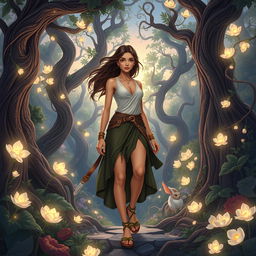 A captivating and enchanting illustration of a young woman named Alkmini, stepping confidently amidst a breathtaking enchanted forest, where ancient trees curl with luminescent vines and delicate flowers glow softly in the twilight