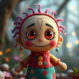 A vibrant and charming voodoo doll character, designed in a Pixar-style, featuring bright colors, large expressive eyes, and a playful demeanor