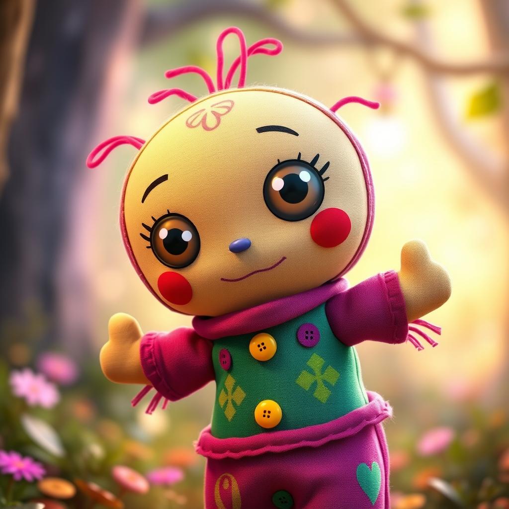 A vibrant and charming voodoo doll character, designed in a Pixar-style, featuring bright colors, large expressive eyes, and a playful demeanor