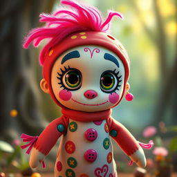 A vibrant and charming voodoo doll character, designed in a Pixar-style, featuring bright colors, large expressive eyes, and a playful demeanor