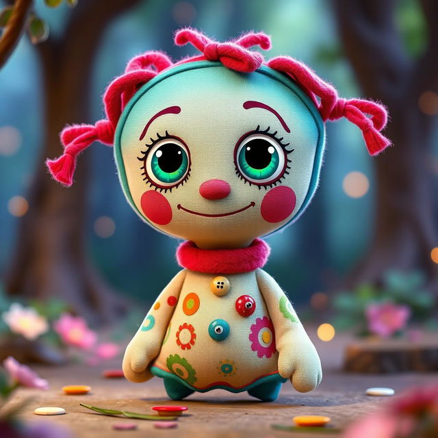 A vibrant and charming voodoo doll character, designed in a Pixar-style, featuring bright colors, large expressive eyes, and a playful demeanor