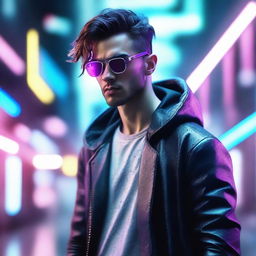 Generate a 4k and HD image of a cool, young handsome man in a futuristic cyberpunk setting.