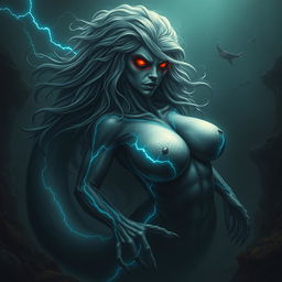 A chilling and surreal portrayal of a monstrous electric eel with a female form, featuring exaggerated proportions and a menacing aura
