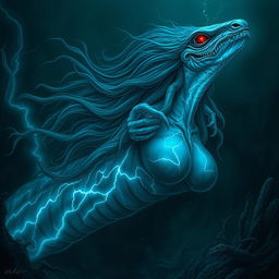 A chilling and surreal portrayal of a monstrous electric eel with a female form, featuring exaggerated proportions and a menacing aura