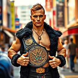 A short man without a shirt, wearing a black bear coat and a wrestling champion belt