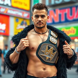 A short man without a shirt, wearing a black bear coat and a wrestling champion belt