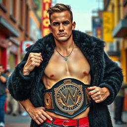 A short man without a shirt, wearing a black bear coat and a wrestling champion belt