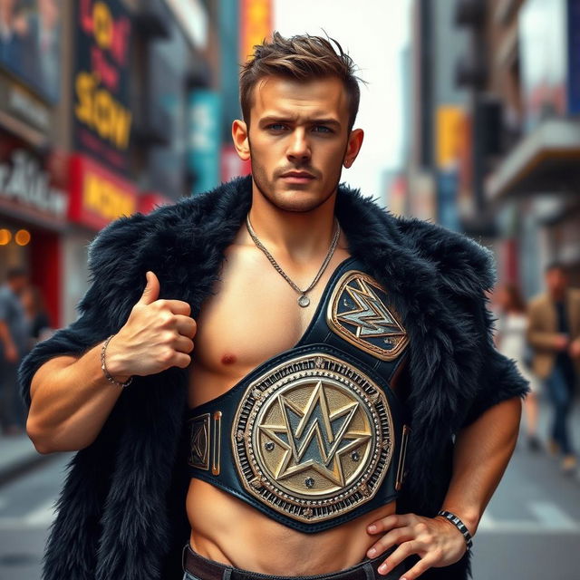 A short man without a shirt, wearing a black bear coat and a wrestling champion belt