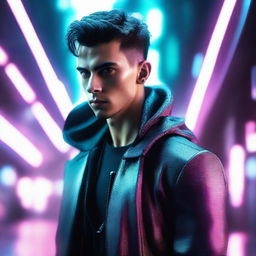 Generate a 4k and HD image of a cool, young handsome man in a futuristic cyberpunk setting.