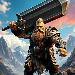 A mighty dwarf warrior wielding an enormous sword, showcasing exceptional strength and determination