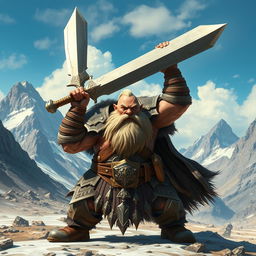 A mighty dwarf warrior wielding an enormous sword, showcasing exceptional strength and determination