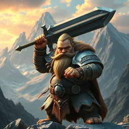 A mighty dwarf warrior wielding an enormous sword, showcasing exceptional strength and determination