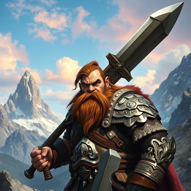 A mighty dwarf warrior wielding an enormous sword, showcasing exceptional strength and determination