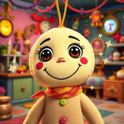 A whimsical, Disney Pixar style voodoo doll featuring a bright, cheerful expression with oversized eyes, colorful stitches, and adorable button features
