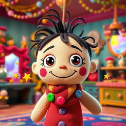 A whimsical, Disney Pixar style voodoo doll featuring a bright, cheerful expression with oversized eyes, colorful stitches, and adorable button features