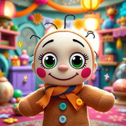 A whimsical, Disney Pixar style voodoo doll featuring a bright, cheerful expression with oversized eyes, colorful stitches, and adorable button features