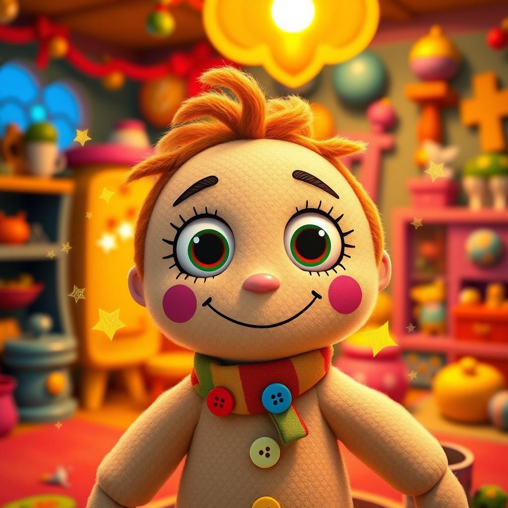 A whimsical, Disney Pixar style voodoo doll featuring a bright, cheerful expression with oversized eyes, colorful stitches, and adorable button features