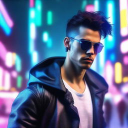 Generate a 4k and HD image of a cool, young handsome man in a futuristic cyberpunk setting.