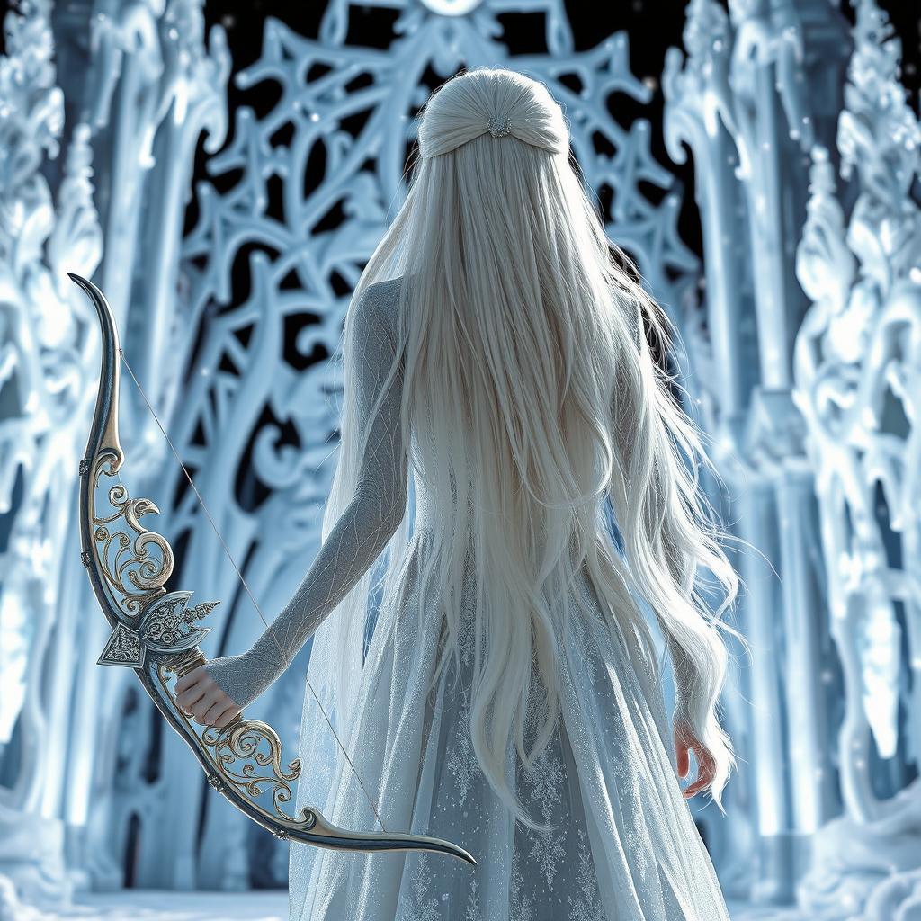 A breathtaking white-haired fantasy princess seen from behind, elegantly poised in front of an exquisite ice palace