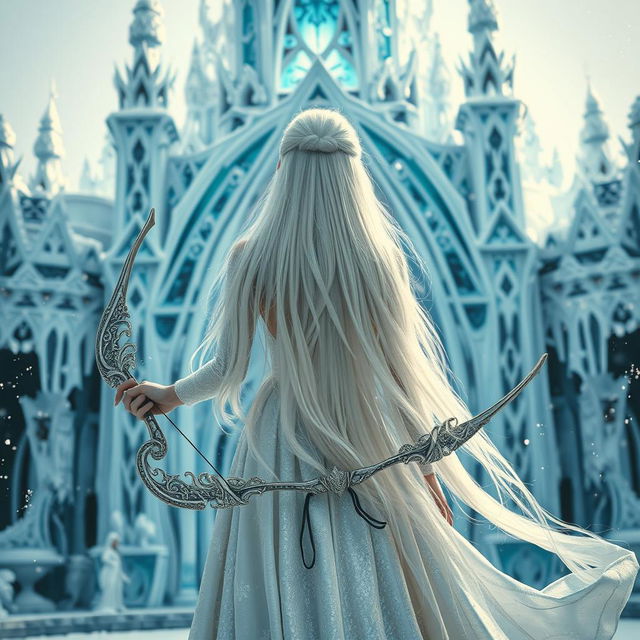 A breathtaking white-haired fantasy princess seen from behind, elegantly poised in front of an exquisite ice palace