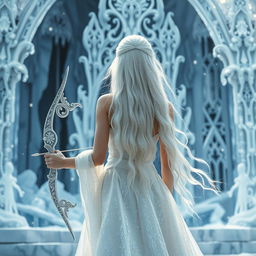 A breathtaking white-haired fantasy princess seen from behind, elegantly poised in front of an exquisite ice palace