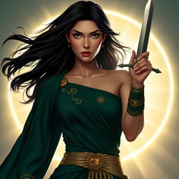 In this striking portrayal of Alkmini, she stands prominently at the center, embodying strength and determination