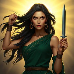 In this striking portrayal of Alkmini, she stands prominently at the center, embodying strength and determination