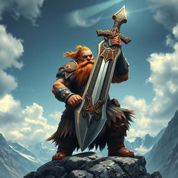 A legendary dwarf barbarian wielding a colossal, ornate sword that radiates a mystical aura