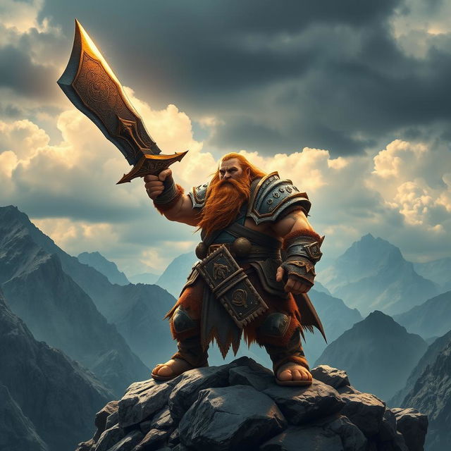 A legendary dwarf barbarian wielding a colossal, ornate sword that radiates a mystical aura