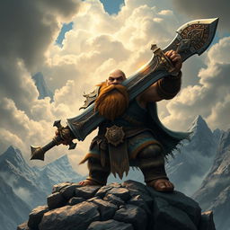 A legendary dwarf barbarian wielding a colossal, ornate sword that radiates a mystical aura