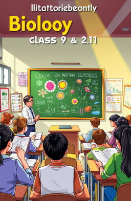 A vibrant and engaging illustration related to biology education for class 9 and 10, featuring elements like a classroom setting with a diverse group of students and a teacher named Mukhtiar Ali Khaskheli