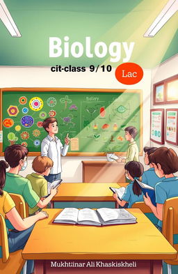 A vibrant and engaging illustration related to biology education for class 9 and 10, featuring elements like a classroom setting with a diverse group of students and a teacher named Mukhtiar Ali Khaskheli