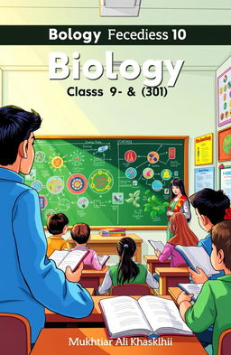 A vibrant and engaging illustration related to biology education for class 9 and 10, featuring elements like a classroom setting with a diverse group of students and a teacher named Mukhtiar Ali Khaskheli