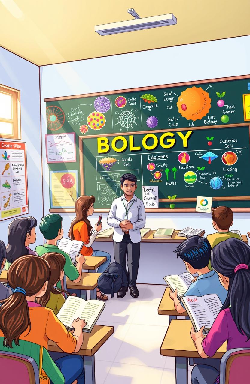 A vibrant and engaging illustration related to biology education for class 9 and 10, featuring elements like a classroom setting with a diverse group of students and a teacher named Mukhtiar Ali Khaskheli