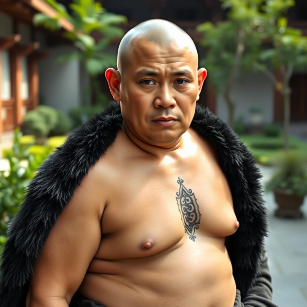 A dwarf monk without a shirt, wearing a traditional black bear coat draped artistically over his shoulders