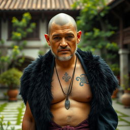 A dwarf monk without a shirt, wearing a traditional black bear coat draped artistically over his shoulders