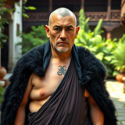 A dwarf monk without a shirt, wearing a traditional black bear coat draped artistically over his shoulders