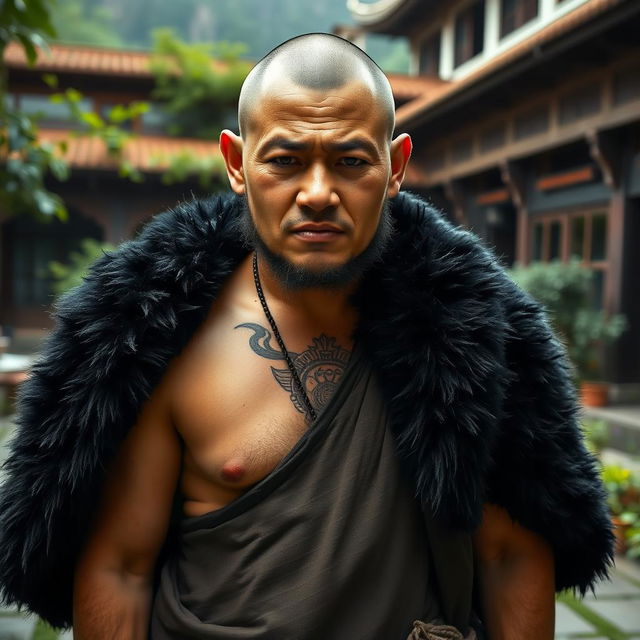 A dwarf monk without a shirt, wearing a traditional black bear coat draped artistically over his shoulders