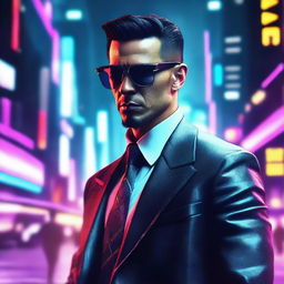 Generate a 4k and HD image of a cool, handsome mafia member in a futuristic cyberpunk environment.