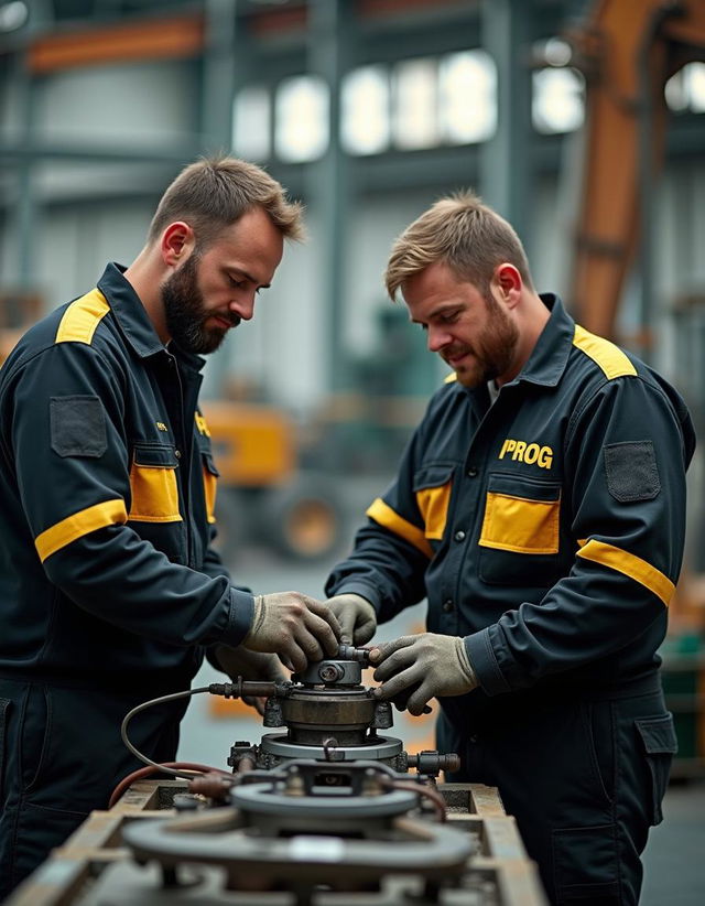 Two workers dressed in black and gold work suits labeled 'PROG' are actively repairing a machine inside a factory dedicated to the production of construction machinery