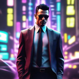 Generate a 4k and HD image of a cool, handsome mafia member in a futuristic cyberpunk environment.