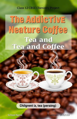 A vibrant and informative cover page for a Class 12 CBSE Chemistry project, titled 'The Addictive Nature of Tea and Coffee'