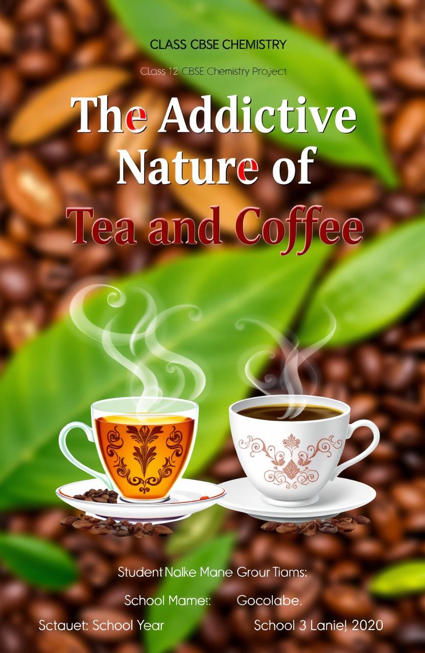 A vibrant and informative cover page for a Class 12 CBSE Chemistry project, titled 'The Addictive Nature of Tea and Coffee'