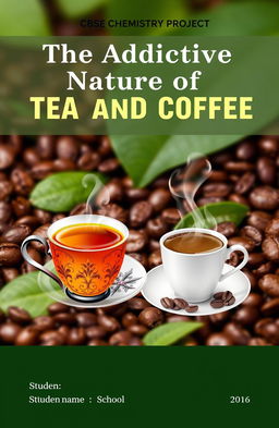 A vibrant and informative cover page for a Class 12 CBSE Chemistry project, titled 'The Addictive Nature of Tea and Coffee'
