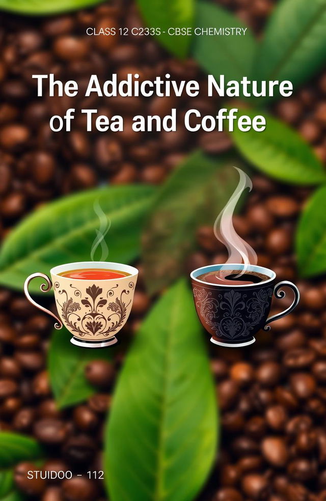 A vibrant and informative cover page for a Class 12 CBSE Chemistry project, titled 'The Addictive Nature of Tea and Coffee'