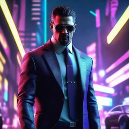 Generate a 4k and HD image of a cool, handsome mafia member in a futuristic cyberpunk environment.