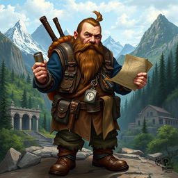 A Dungeons and Dragons (D&D) dwarf explorer, equipped with rugged adventurer attire including a leather vest, sturdy boots, and a utility belt filled with various exploration tools