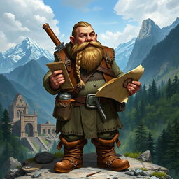 A Dungeons and Dragons (D&D) dwarf explorer, equipped with rugged adventurer attire including a leather vest, sturdy boots, and a utility belt filled with various exploration tools