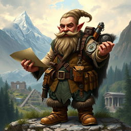 A Dungeons and Dragons (D&D) dwarf explorer, equipped with rugged adventurer attire including a leather vest, sturdy boots, and a utility belt filled with various exploration tools